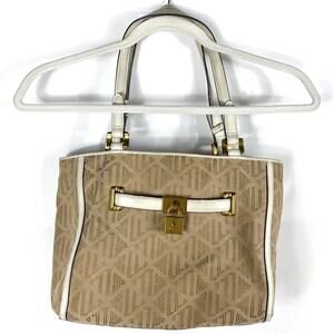Ralph‎ Lauren Monogram Bag Tan Canvas Shoulder Satchel Leather Trim Lock